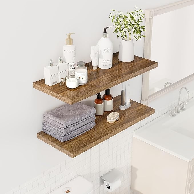 Dreamland 32" Floating Shelves for Wall, 12" Deep Slim Walnut Floating Shelves, Wall-Mounted Shelves for Bedroom, Living Room, Kitchen, Bathroom - Set of 2