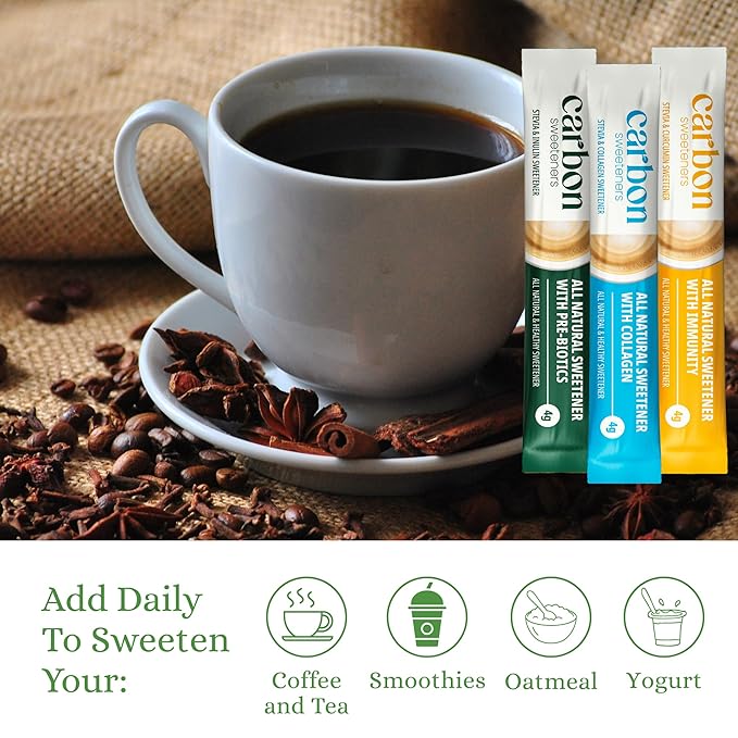 Carbon Sweeteners Variety Pack – Stevia Sweetener Packets with Collagen, Turmeric, and Inulin – Supports Joint, Skin, Immunity & Gut Health – 30 Single Serve Sachets (3 Functional Flavors, 10 Each)