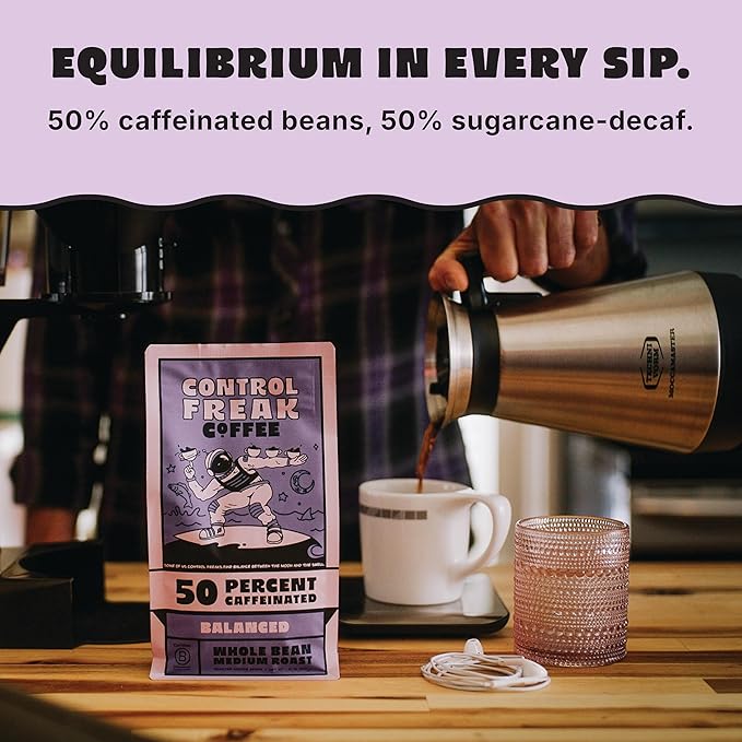 Control Freak Coffee Balanced – 50% Caffeine Whole Bean Coffee (32 Oz) | Half Caff Coffee Blend for Smooth Focus, Full Flavor for Half the Buzz | Sugarcane Decaf, Freshly Roasted Coffee Beans