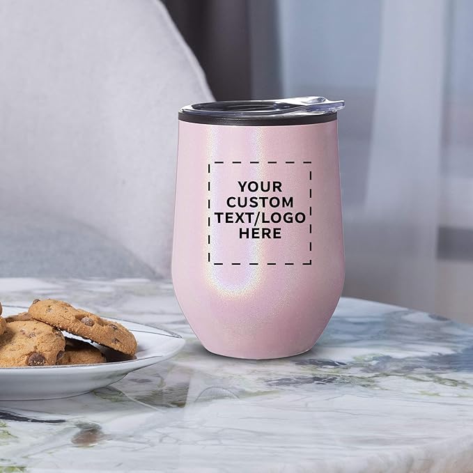 Custom Palmera Stemless Wine Tumblers with Lids 12 oz. Set of 12, Personalized Bulk Pack - Perfect for Wine, Cocktails, Other Hot & Cold Beverages - Iridescent Pink