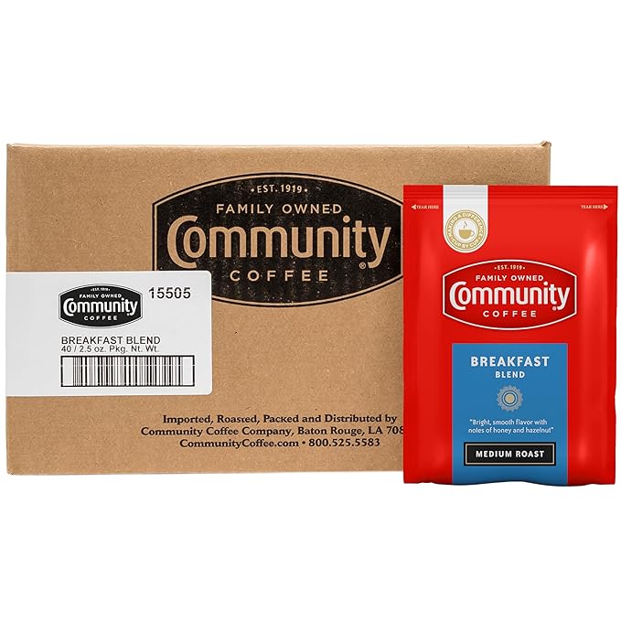 Community Coffee Ground Coffee Packets, Breakfast Blend Medium Roast, Pre-Measured 2.5 Ounce Individual Coffee Packets, Box of 40