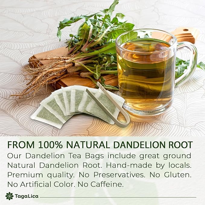 Tagalica, Premium 25 Dandelion Root Tea Bags, 100% Natural & Pure from Dandelion Root, Eco-Conscious Tea Bags, Herbal Tea. No Sugar, No Caffeine, No Gluten, Vegan.