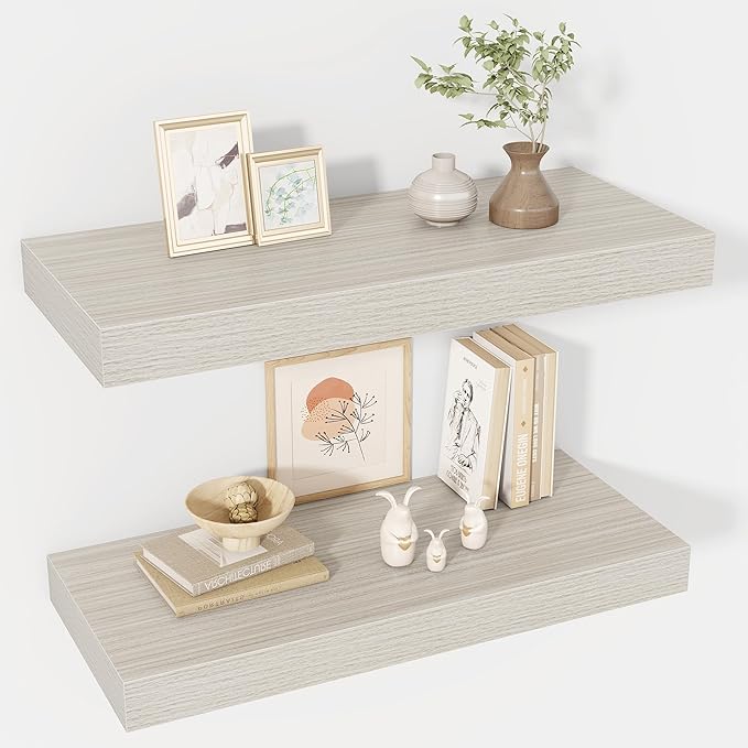 24 Inch Floating Shelves, 12" Deep Floating Shelf Wall Mounted, 24" Wall Shelves, Rustic Deep Bookshelf, Extra Deeper & Thicker Display Shelves for Bedroom, Living Room, Gray, Set of 2