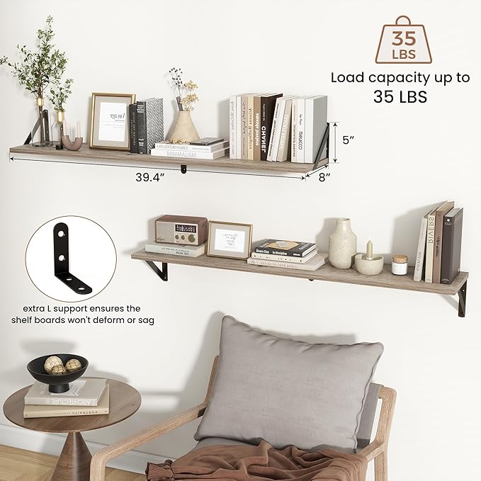 Axeman Floating Shelves for Wall 40 Inch | 39.4W x 8D Rustic Grey Wood Floating Shelves Set of 2 | 8" Deep Long Wall Shelves for Bathroom Kitchen Living Room | Bookshelf Display Shelves