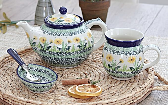 Blue Rose Polish Pottery - Yellow Dandelion Medium Teapot - 4 Cup Capacity - Hand-Painted Polish Pottery Ceramic Coffee & Tea Server
