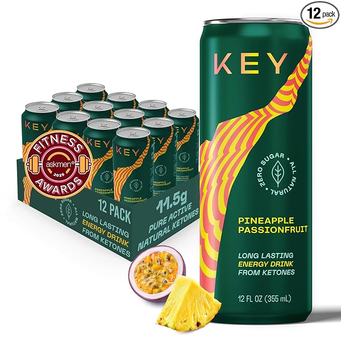 KEY Ketone Drink - Ketones for Energy & Focus, Sugar Free & Low Caffeine from Green Tea with L-Theanine, No Crash or Jitters, All Natural, Lightly Carbonated, Pineapple Passionfruit (Pack of 12)