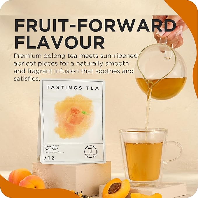Tastings Tea Apricot Oolong Loose Leaf, 2.55 oz | Smooth & Juicy Blend from Fujian Province China | Medium Caffeine | Naturally Sweet & Elevating | Small Batch & Sustainably Sourced | Resealable Pouch