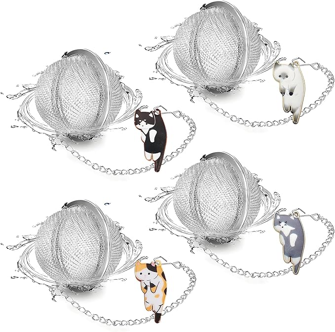 Cat Tea Infuser Set, 4-Pack Stainless Steel Loose Leaf Tea Balls with Cute Alloy Cat Charm Pendant, Reusable Strainer for Cold Brew, Gift for Tea Lovers (Black & Gray & White & Calico)