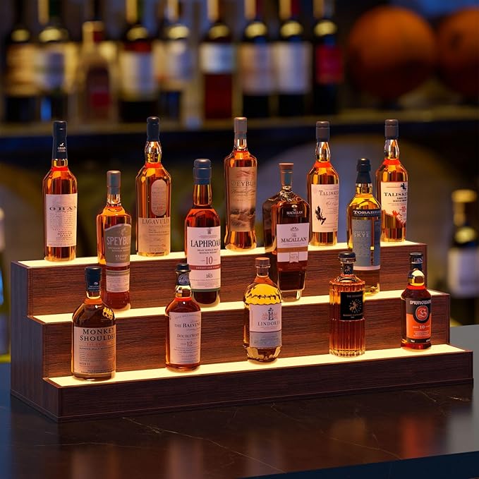 Led Lighted Liquor Display Shelf, Bar Display Shelf with App & Remote Control, Freestanding Holding 3 Bottles for Home Bar, Party (Walnut, 37 Inch)