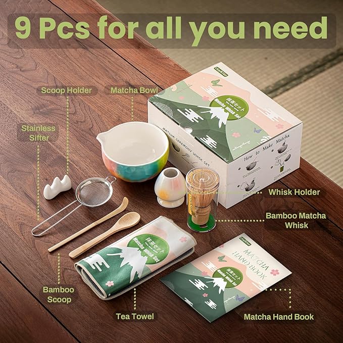 Clay&Fire Matcha Whisk Set，9 Pcs Ceramic Matcha Set, 15 OZ Matcha Bowl with Spout and Whisk，Matcha Kit for Friend, Ideal Gift for Matcha Lover（Sugar）