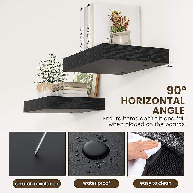 Deep Floating Shelves | 16 Inch Black Floating Shelves Set of 2 | 12 Inch Deep Black Wall Shelves | Deep Shelves for Living Room Bathroom Kitchen Bedroom