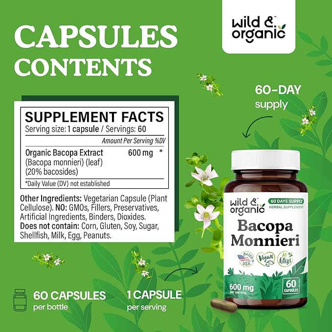 Wild & Organic Bacopa Capsules 600 mg - Brain Support - Natural Bacopa Monnieri Supplement - Brahmi Capsules - 60 Days of Supply - Vegan, No Fillers, Non-GMO - 60 Count