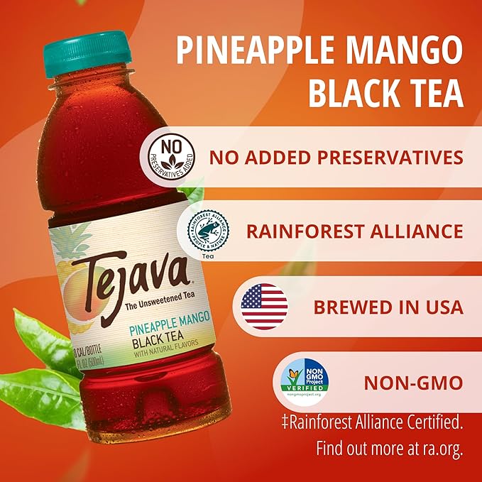 Tejava Pineapple Mango Black Iced Tea, 12 Pack, 16.9oz PET Bottles, Unsweetened, Non-GMO, Kosher, No Sugar or Sweeteners, No calories, No Preservatives, Brewed in Small Batches