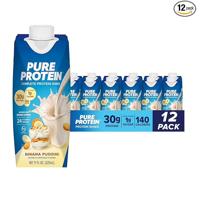 Pure Protein Complete Protein Shake, Banana Pudding, 30g High Protein Drink, Less than 1g Sugar, 3g Fiber, Ready to Drink, Non GMO, On-the-Go Shakes, 11oz Bottles, 12 Pack