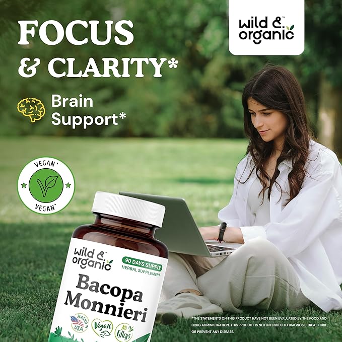 Wild & Organic Bacopa Capsules 600 mg - Brain Support - Natural Bacopa Monnieri Supplement - Brahmi Capsules - 90 Days of Supply - Vegan, No Fillers, Non-GMO - 90 Count