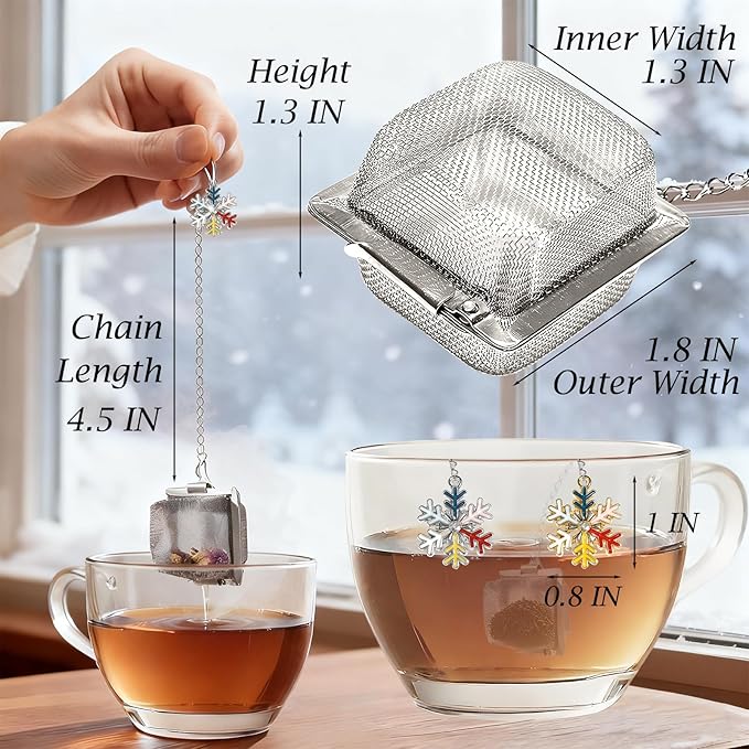 Snowflake Tea Infuser Set, 2 PCS Stainless Steel Tea Balls with Rhinestone Colorful Enamel Gold & Silver Pendant, Reusable Loose Leaf Strainer for Winter & Christmas Gift