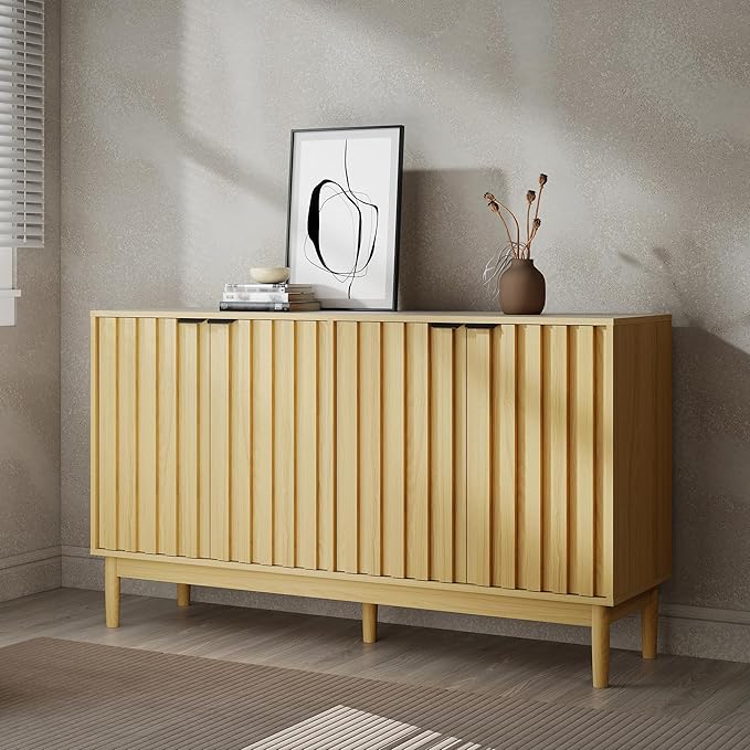 Fluted Cabinet with Storage, Buffet Cabinet Sideborad with 4 Doors, Natural Buffet Storage Accent Cabinets with Adjustable Shelves for Living Room, Entry, Hallway, Kitchen