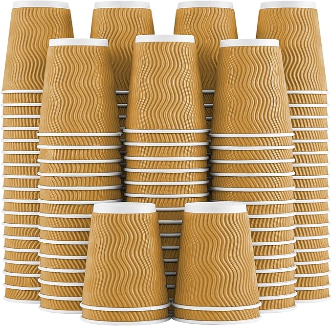 Lamosi Disposable Coffee Cups 8 OZ 100 Pack Champagne, Paper Coffee Cups 8 OZ for Hot Drinks or Cold Beverages, Insulated Corrugated Ripple Wall Cup No Lids for Office, Cafe, Home or Travel
