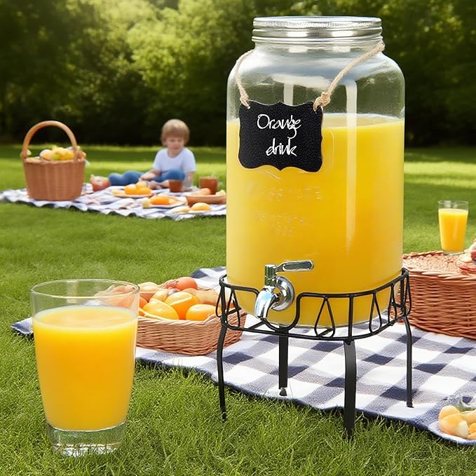 Glass Drink Dispensers for Parties, Beverage Dispenser with Stand, Ice Cylinder and Stainless Steel Spigot 100% Leakproof, Beverage Dispenser for Lemonade Sun Tea (2 Gallon Single with Stand)