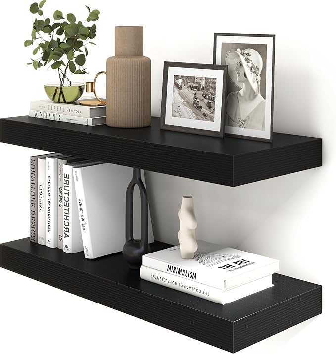 30 Inch Floating Shelves | 12 Inch Deep Black Floating Shelves Set of 2 | 30" W x 12" D Rustic Wood Shelves for Wall | Deep Black Shelves for Living Room Bathroom Laundry Room Kitchen