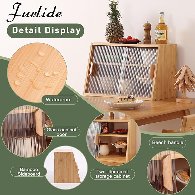 Wooden Countertop Storage, Small Bamboo Kitchen Pantry Sideboard with 2 Glass Sliding Door, Pantry Storage Cabinet for Kitchen, Living Room, Dinning Area and Bathroom, Wood