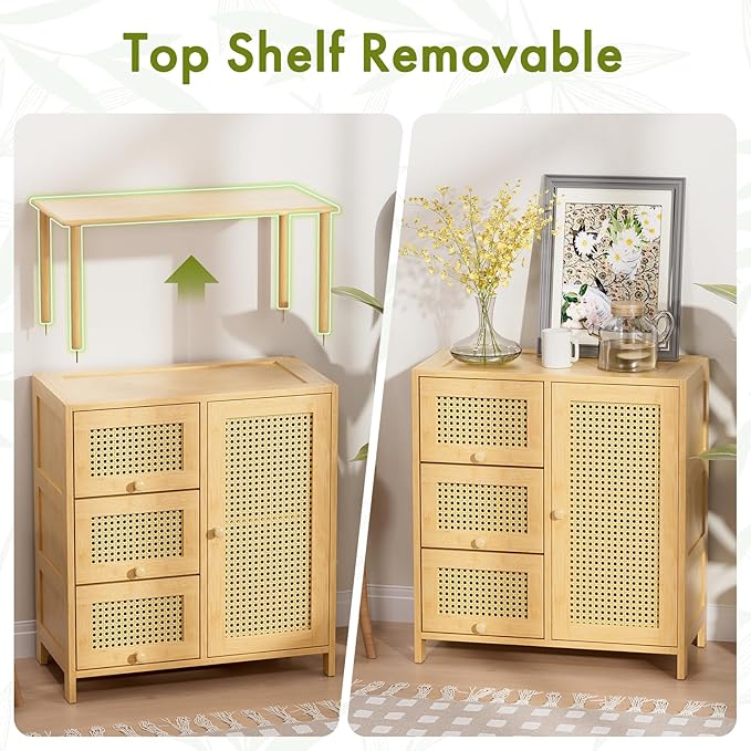 Amazer Sideboard Buffet Cabinet with Storage, Bamboo Storage Cabinets, Rattan Sideboard with Adjustable Shelf, Pantry Cupboard for Kitchen Living Room Entry Coffee Bar, Natural Color