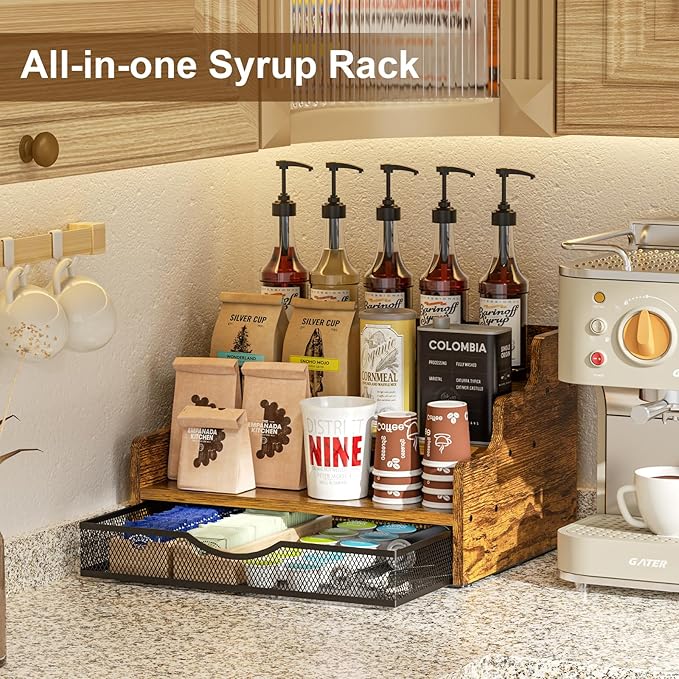 Liquor Bottle Display Shelf with Drawer, 3 Step Countertop Bar Shelves, Coffee Syrup Rack Organizer, Mini Bar, Retro Wine Rack Storage Shelves Stand for Liquor Whiskey Wine