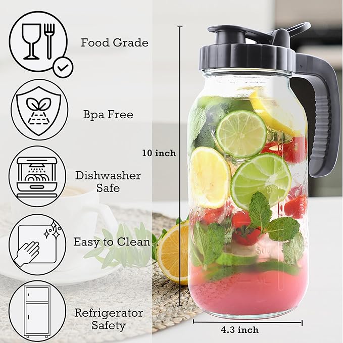 Mason Jar Pitcher 64 Oz With Spout Lid 2 Quart Glass Sun Tea Jar For Iced Hot Water Wide Mouth Half Gallon Pitcher For Fridge Store Breast Milk Cold Brew Beverage Tea Coffee Airtight Water Jug