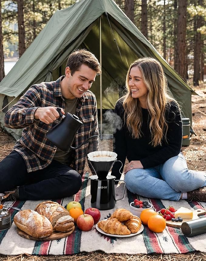 AGOGO Portable Pour Over Coffee Maker V60 Set - Easy Cleaning Compact 304 Stainless Steel Dripper for Camping & 50 Filters Paper & Cleaning Rag Black 30oz