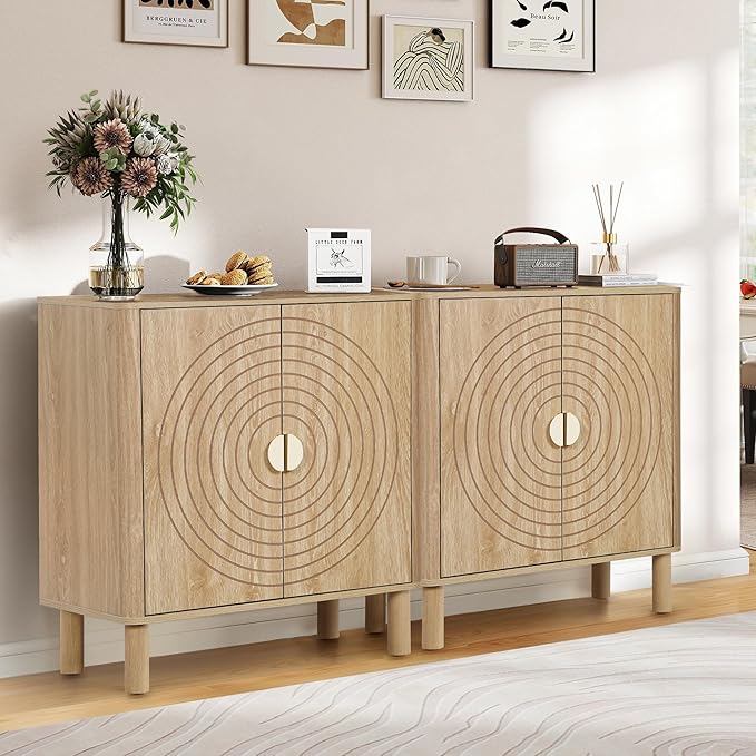 Sideboard Buffet Cabinet, Kitchen Sideboard Cabinet with 2 Doors and Adjustable Shelf, Wood Coffee Bar Console Table for Living Room, Dining Room, Hallway (Natural)