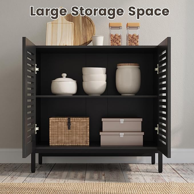 JOMEED Buffet Sideboard Cabinet with Grille-Striped Doors & Adjustable Shelf, Wood Storage Cabinet for Kitchen, Dining Room, Living Room, Entryway Black