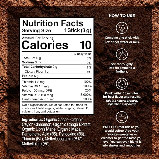 VitaCup Shroom Fuel, Mushroom Based Instant Coffee Alternative Packets, Mushroom Coffee Substitute w/Cacao, Cinnamon, Chaga, Lions Mane, & Maca for Energy, Immune Support, & Focus, 48 ct