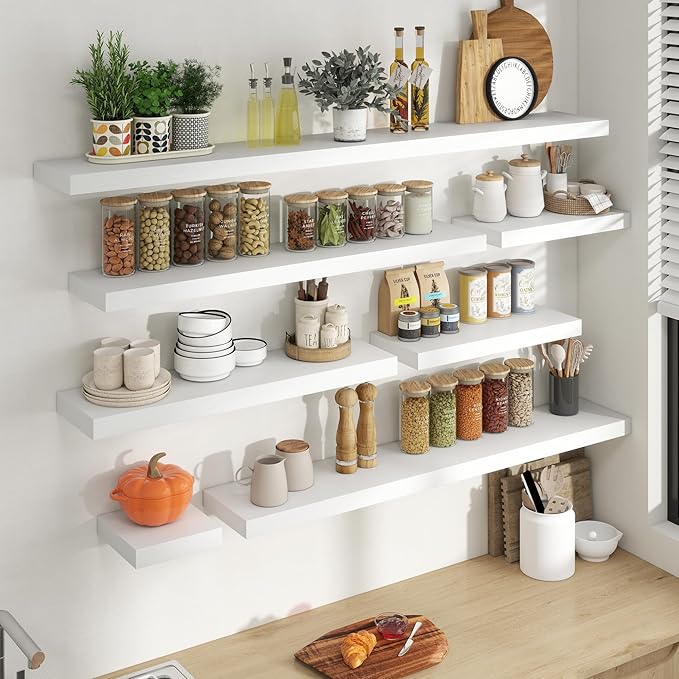 55 Inch Floating Shelves for Wall, 8 Inch Deep Floating Shelf for Storage & Display, Rustic Wall Mounted Shelf with Invisible Brackets for Living Room, Kitchen, Bathroom, Home Decor, Set of 2, White