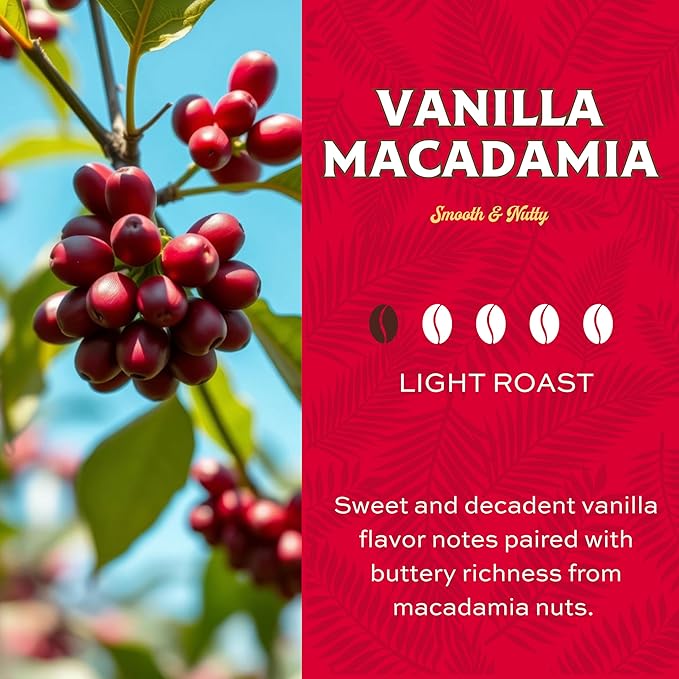 Lion Coffee Vanilla Macadamia Flavored Ground Coffee, Light Roast, Hawaiian Inspired Taste - 10 Ounce Bag