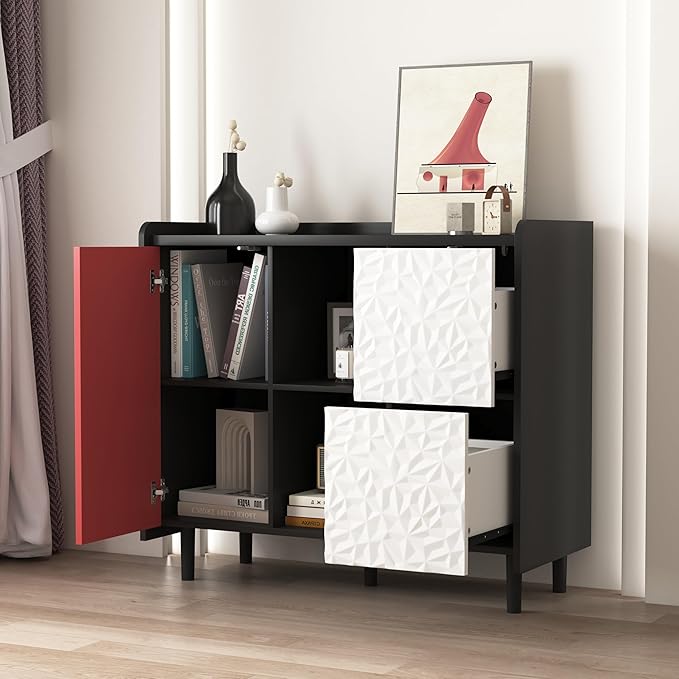 35" Modern Buffet Cabinet & Coffee Bar, Small Sideboard with 3D Geometric Drawers, Push-to-Open Door & Adjustable Shelves, Unique Color Block Accent Storage for Kitchen, Dining, Entryway