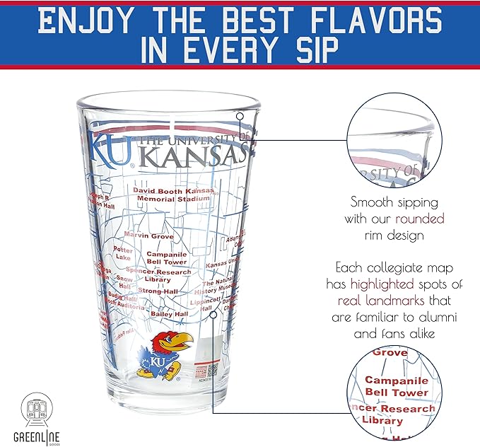 Greenline Goods – University of Kansas Jayhawks College Pint Beer Glasses (Set of 2), 16 oz – Full-Color Logo + Campus Map