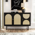 Sideboard Buffet Cabinet with Rattan Doors, Sideboard Cabinet with Metal Legs for Living Room, Hallway, Entryway (Black, 3 Doors)