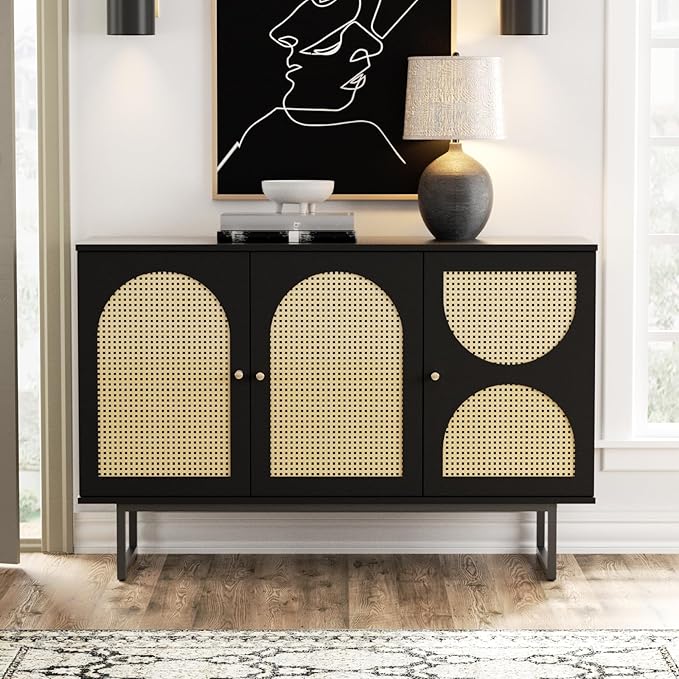 Storage Cabinet with 3 Arched Rattan Doors, Rattan Sideboard Buffet Cabinet with Storage, Boho Entryway Table Console Credenza TV Stand for Living/Dining Room, Kitchen, Hallway, Black