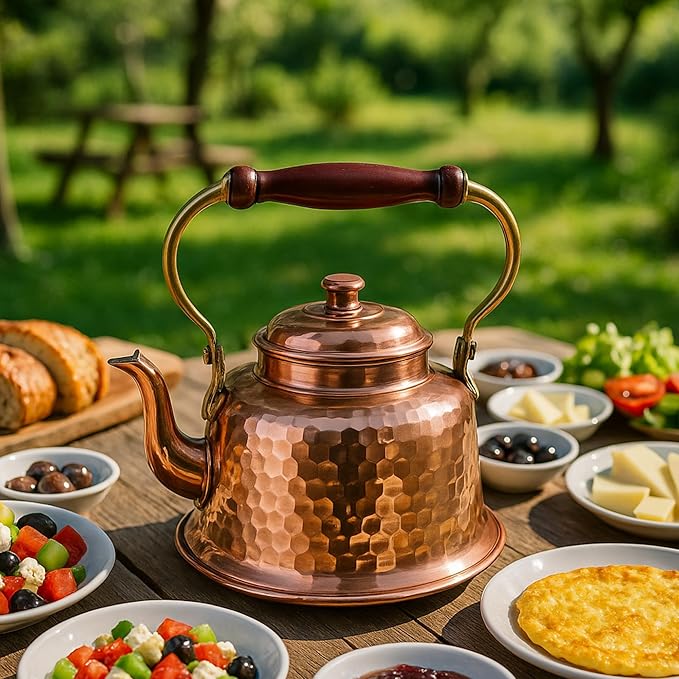 Handcrafted Turkish Copper Teapot with Wooden Handle – 1.3L Hammered Traditional Kettle for Tea, Herbal Infusions, Decorative Use (Maras Teapot)