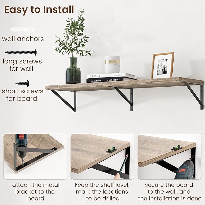 Axeman Deep Floating Shelves - 40 Inch Floating Shelves Set of 2-12 Inch Deep Grey Wood Wall Shelves for Living Room Bathroom Kitchen