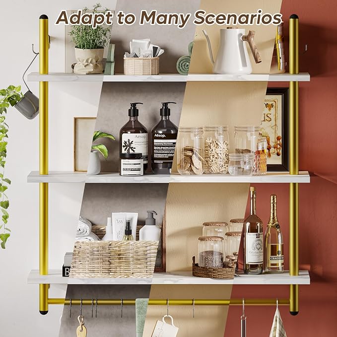 Bestier 31" Industrial Pipe Shelving, Floating Kitchen Wall Shelves 3 Tier Coffee Bar Shelves for Wall with 8 Hooks, Hanging Display Shelf Bookshelf for Living Room Bathroom, White Marble