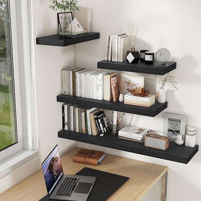 Fun Memories 9 Inch Deep Black Floating Shelves, Farmhouse Rustic Natural Wood Floating Shelf Wall Mounted, 16 x 9 Wall Shelves Set of 2, Deep Black Bathroom Shelves
