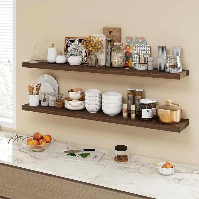 55 Inch Floating Shelves, 9.3" Deep Floating Shelf Wall Mounted, 56" Wall Shelves, Rustic Deep Bookshelf, Large Display Shelves & Storage Shelves for Bedroom, Living Room, Walnut, Set of 1