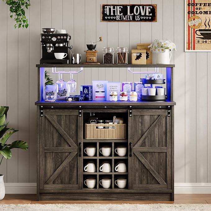 4ever2buy Farmhouse Coffee Bar with LED Lights, 47 inch Coffee Bar Cabinet with Storage, Wine Bar Cabinet with Glass & Wine Racks for Living, Dining Room, Grey