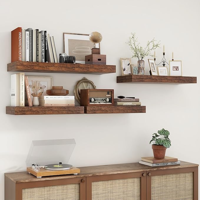 30 Inch Floating Shelves | 12 Inch Deep Brown Floating Shelves Set of 2 | 30" W x 12" D Rustic Wood Shelves for Wall | Deep Brown Shelves for Living Room Bathroom Laundry Room Kitchen
