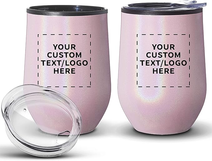 Custom Palmera Stemless Wine Tumblers with Lids 12 oz. Set of 12, Personalized Bulk Pack - Perfect for Wine, Cocktails, Other Hot & Cold Beverages - Iridescent Pink