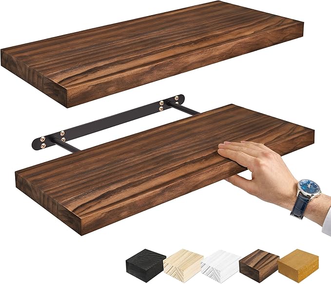 Sorbus 24' Walnut Wood Floating Shelves - Set of 2, Solid Pine, Wall Mounted, Rustic Style, Bathroom & Living Room