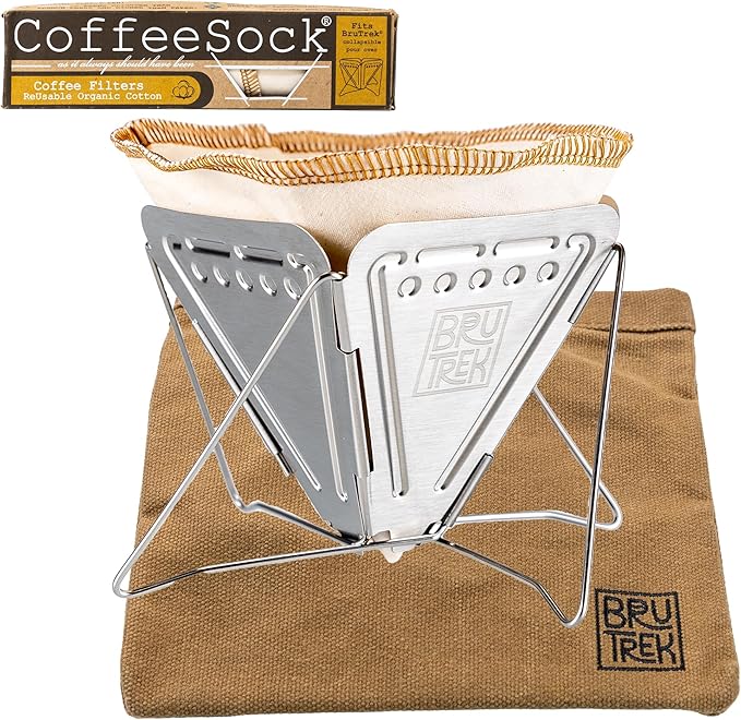 BruTrek Collapsible Pour Over Camping Coffee Maker - Stainless Steel Travel Brewing Kit, Reusable Cotton CoffeeSock Filters, Canvas Pouch Carrying Bag, Compact Packable Lightweight Design