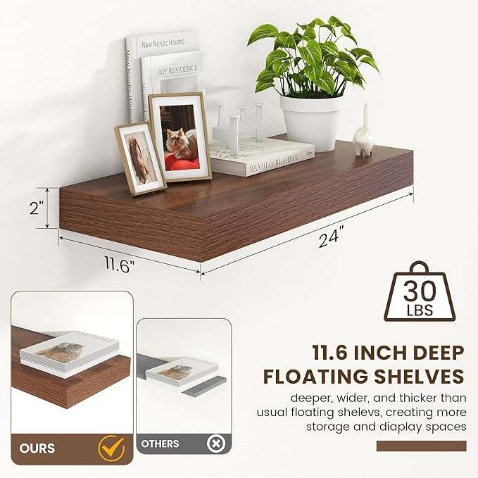 12 Inch Deep Floating Shelves | 24 Inch Walnut Floating Shelves | 24" W x 12" D Rustic Wood Shelves for Wall | Deep Shelves for Living Room Bathroom Laundry Room Kitchen