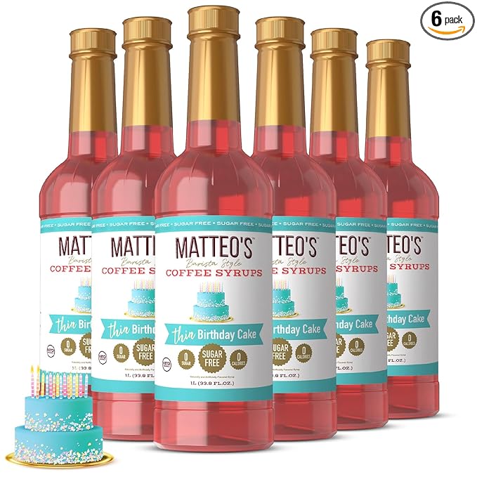 Matteo's Birthday Cake Syrup for Coffee, Lattes, Cappuccinos & Desserts – Sugar-Free Sweetener for Beverages, Keto Friendly, Zero Calories, Indulgent Flavor, Non-Alcoholic, 33.8oz (6pk)